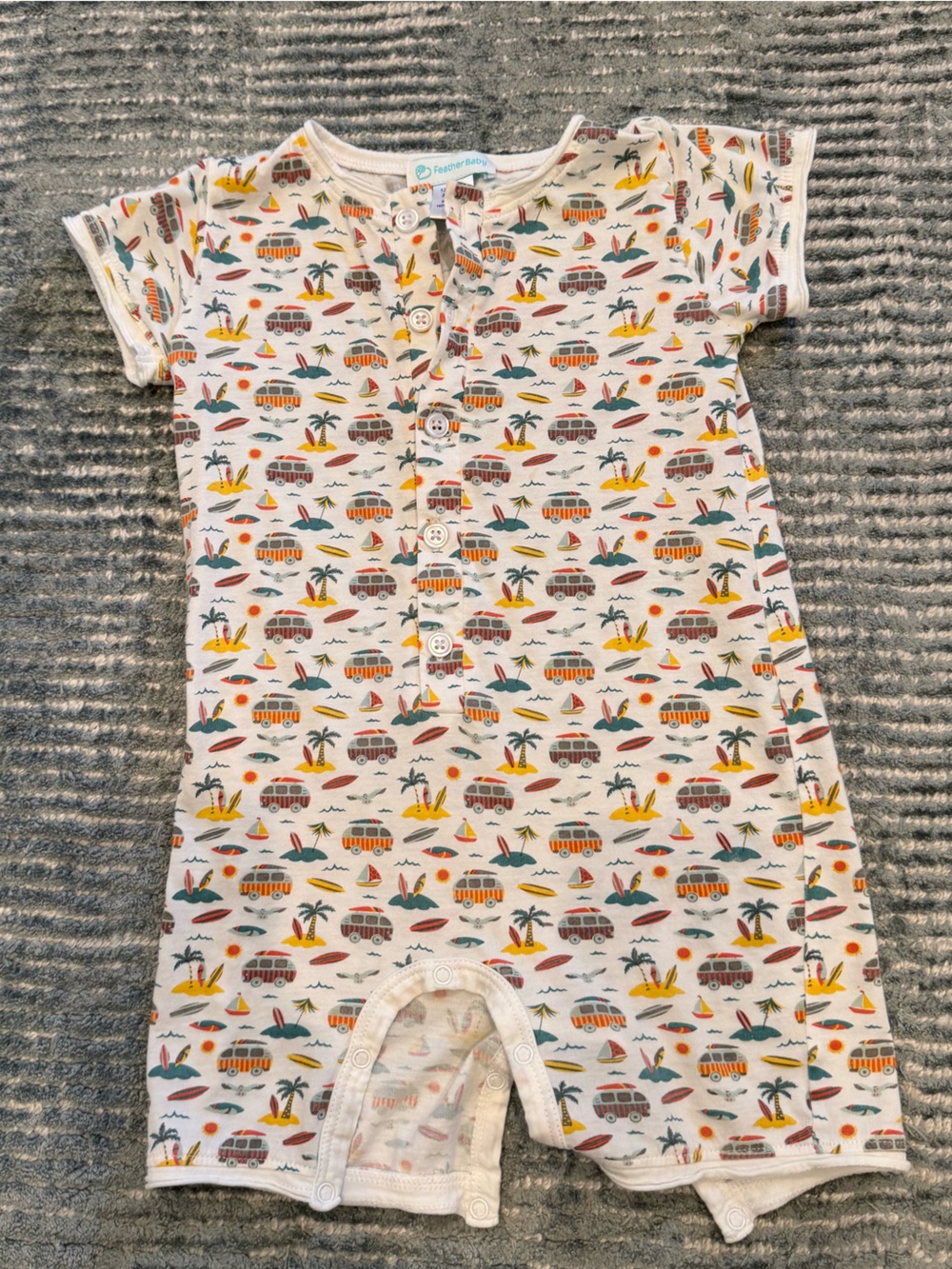 White Cotton Baby Romper with Colorful Camper Surfer Print